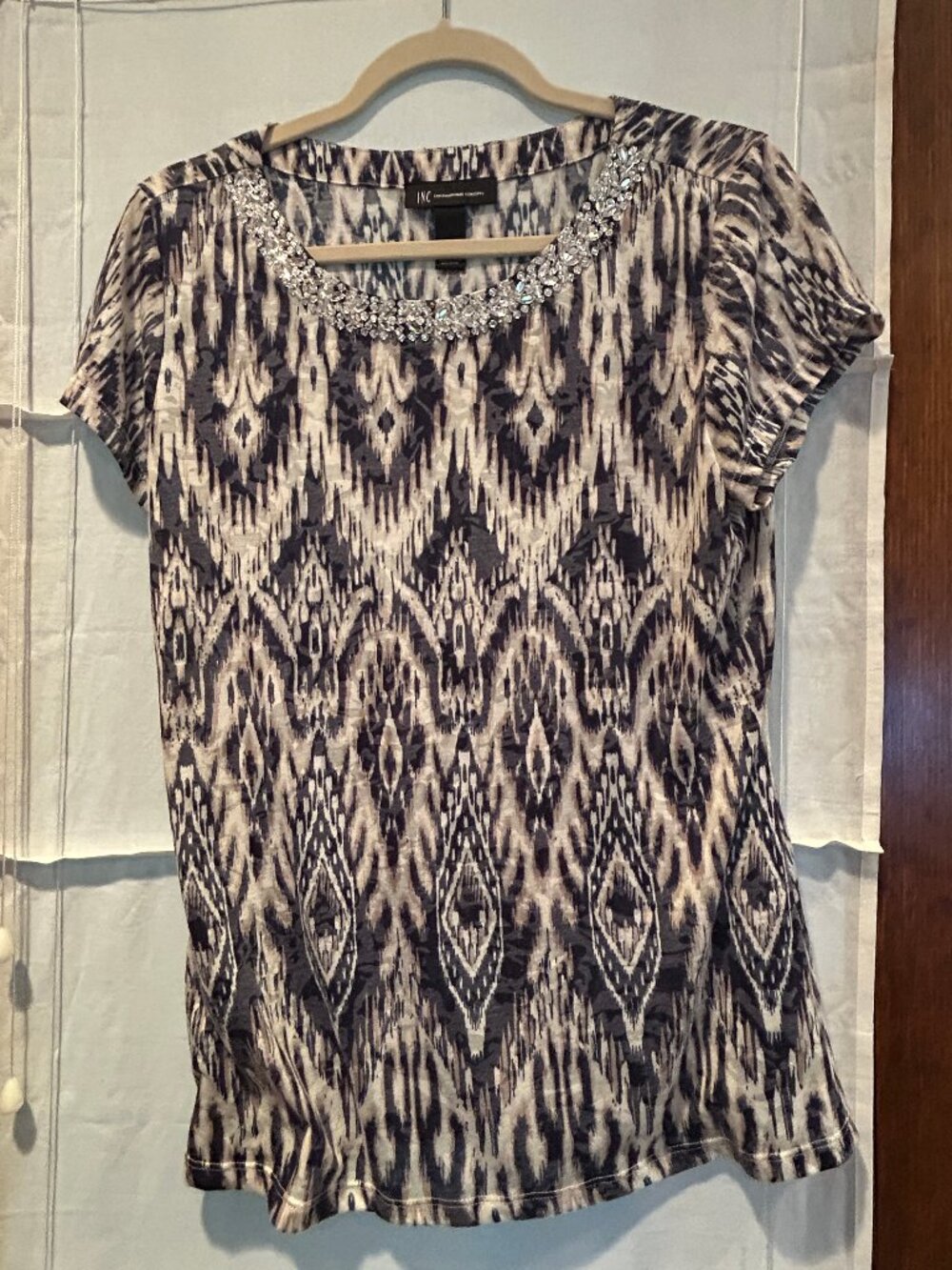 Inc. Ikat Shirt with Jeweled Neckline Size L